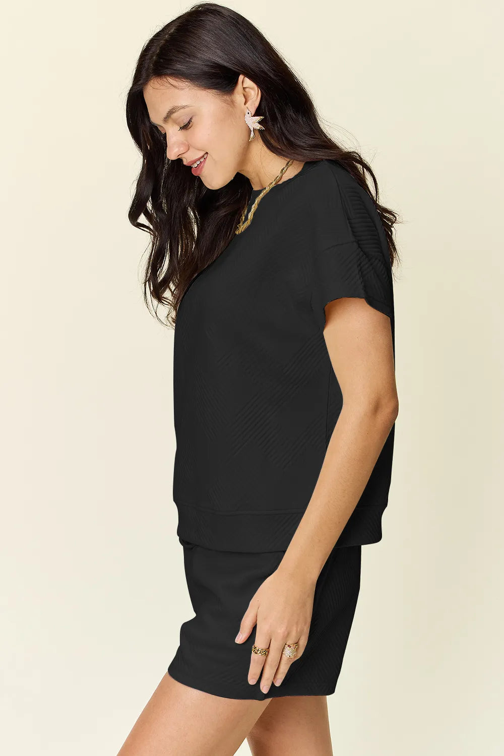 Double Take Full Size Texture Short Sleeve T Shirt and Drawstring Shorts Set