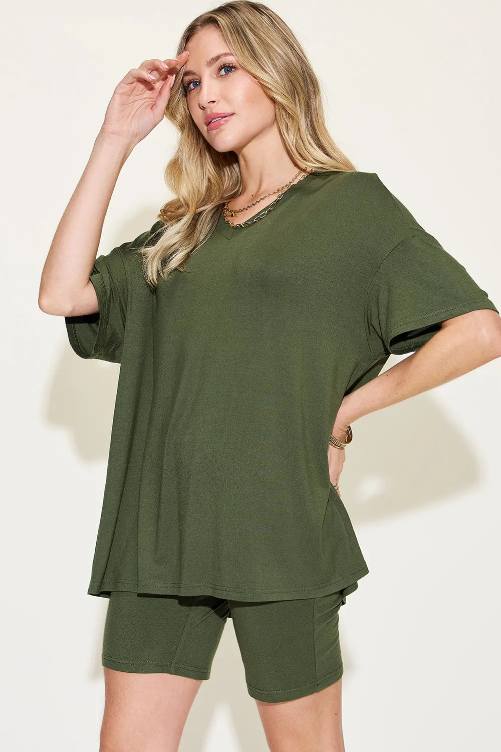 Basic Bae Full Size V Neck Drop Shoulder T Shirt and Shorts Set