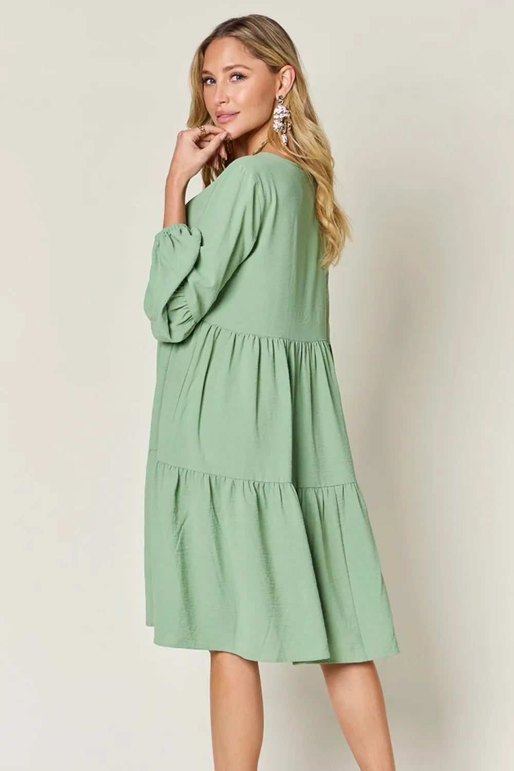 Double Take Full Size V Neck Balloon Sleeve Tiered Dress with Pockets