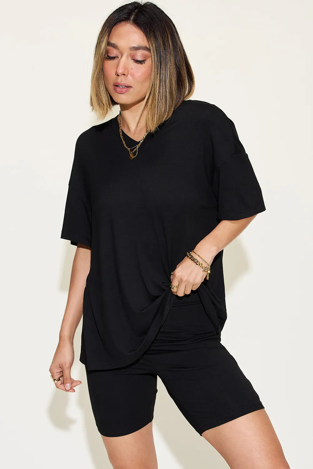 Basic Bae Full Size V Neck Drop Shoulder T Shirt and Shorts Set