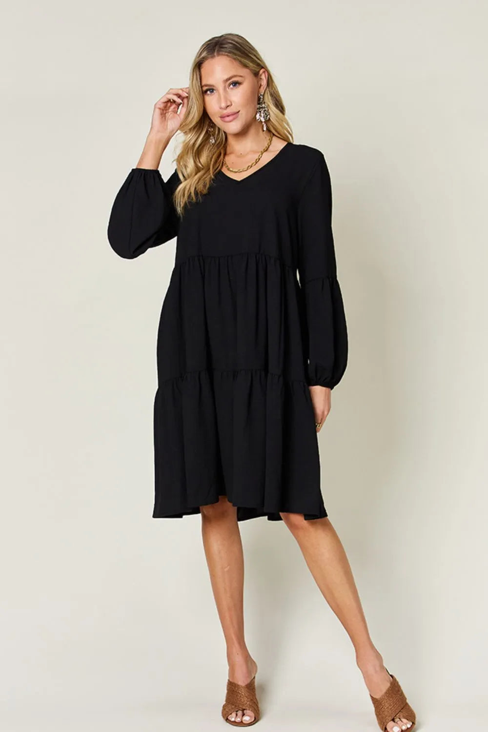 Double Take Full Size V Neck Balloon Sleeve Tiered Dress with Pockets
