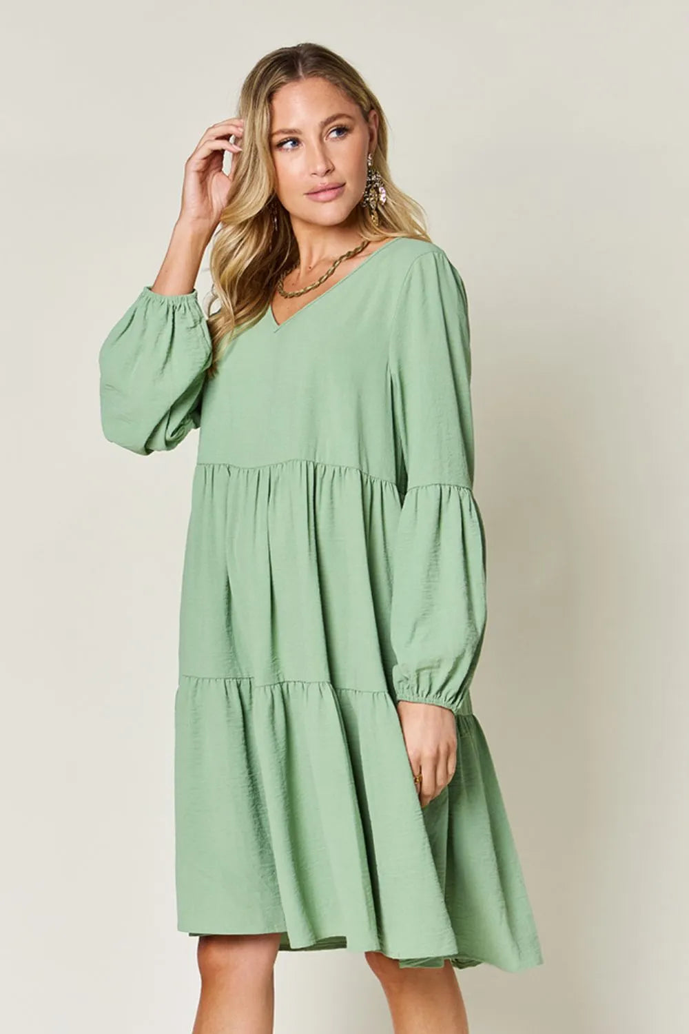Double Take Full Size V Neck Balloon Sleeve Tiered Dress with Pockets