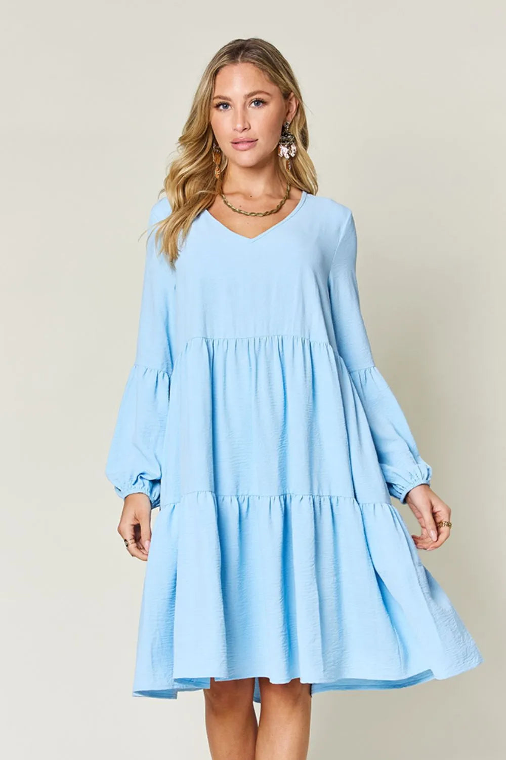 Double Take Full Size V Neck Balloon Sleeve Tiered Dress with Pockets Light Blue / S