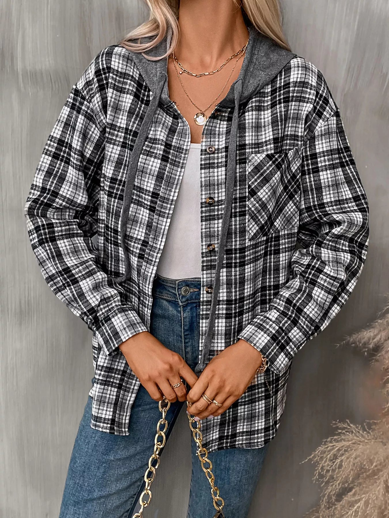 Plaid Button Up Hooded Shirt