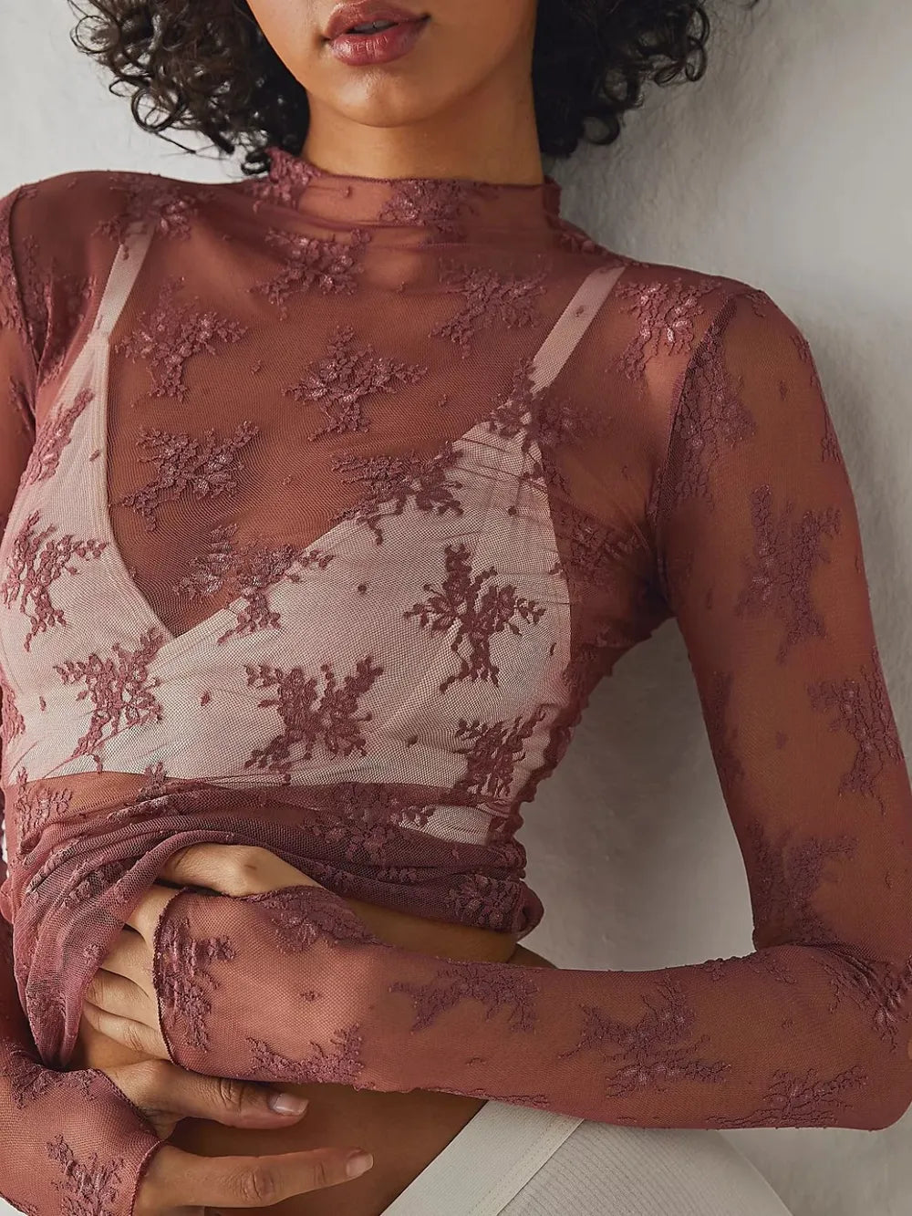 Lace Mock Neck Long Sleeve Blouse Dark Brown / S
