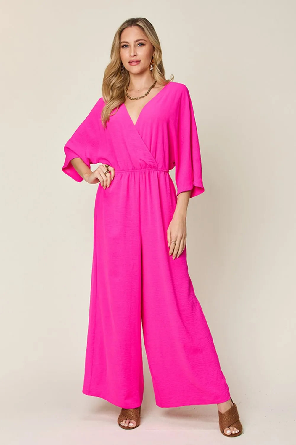 Double Take Full Size Surplice Wide Leg Jumpsuit with Pockets Hot Pink / S