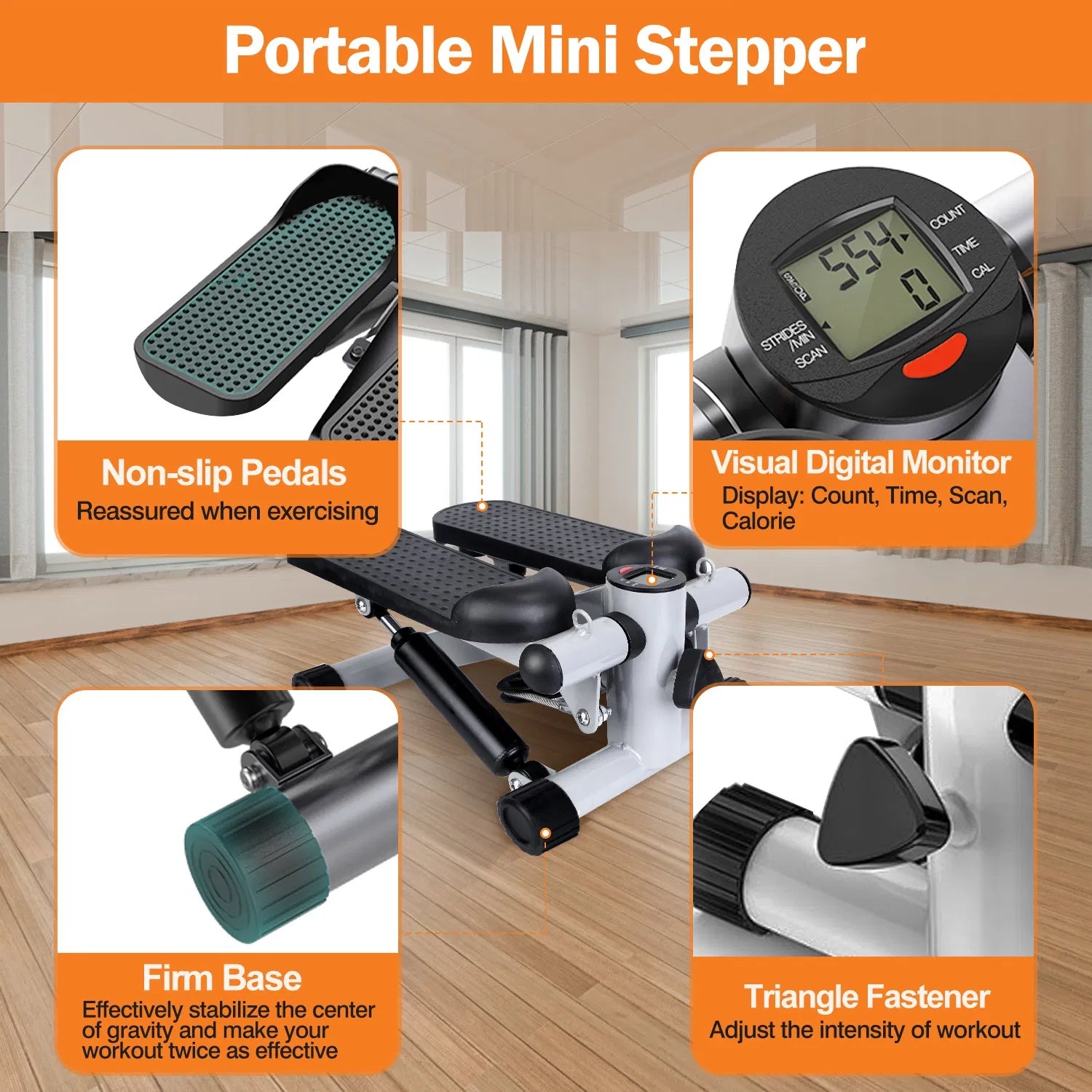 Exercise Stepper For Women Mini Fitness With 2 Resistance Bands LCD Monitor Max 330.7LBS Load Stair Quiet Grey