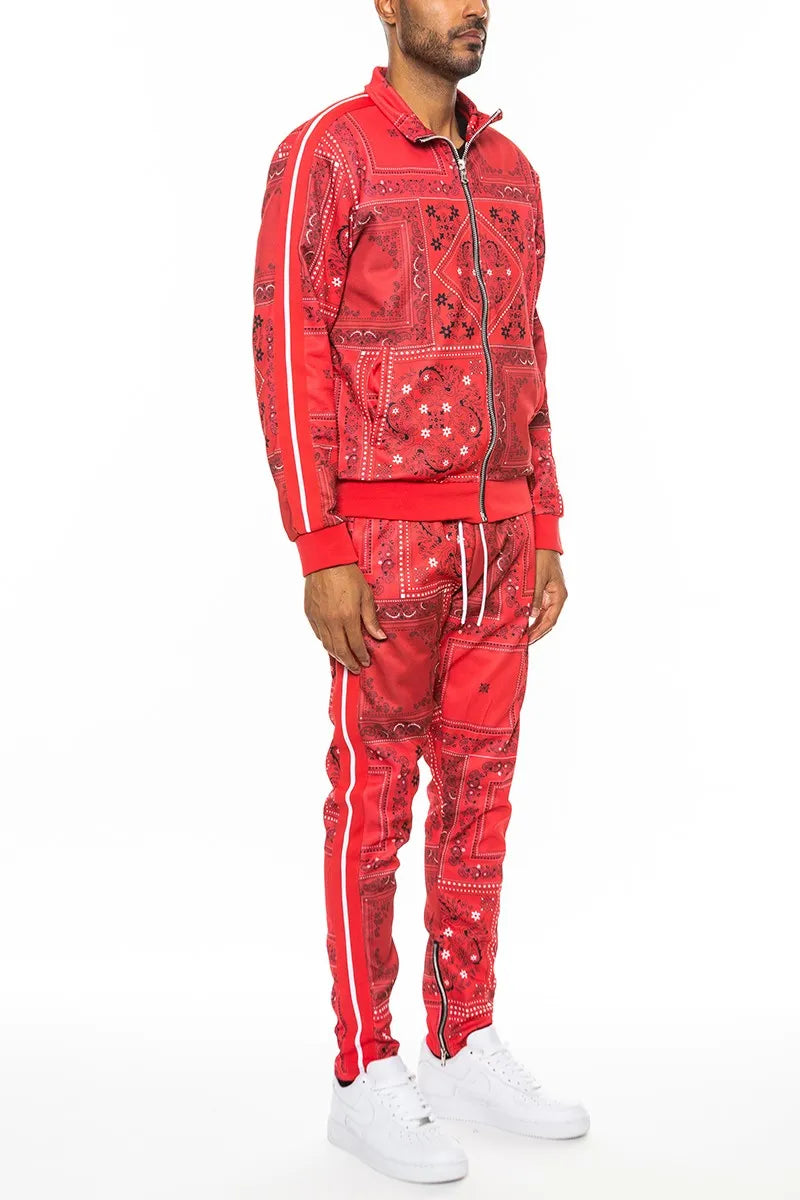 WEIV Men’s Full Size Paisley Bandana Jacket and Pants Set Plus RED / S