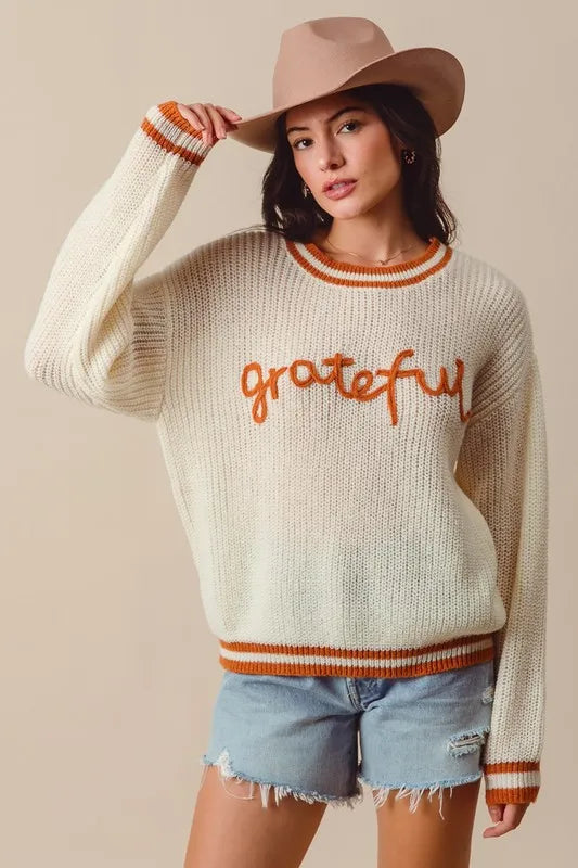 SO ME Thanksgiving Grateful Lettering Stitch Sweater