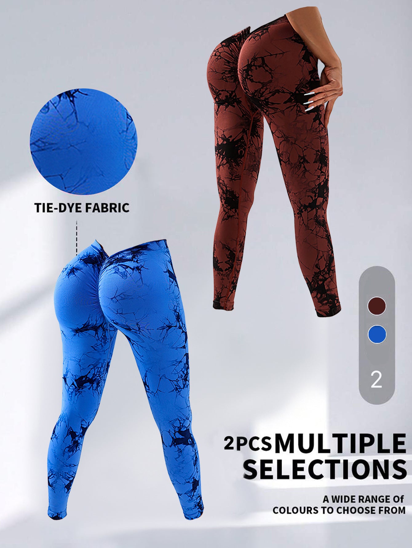 2 Pack Tie Dye High Waist V Back Yoga Leggings Peach Hip Enhancing Athleisure Tights Sport Style Fitness Pants 2PACK4
