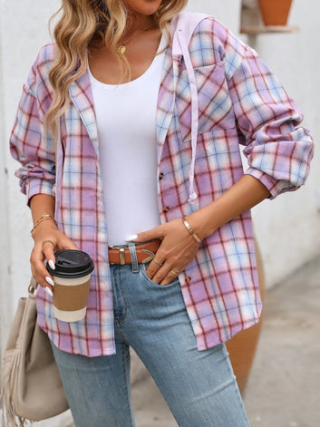Plaid Button-Up Hooded Shirt