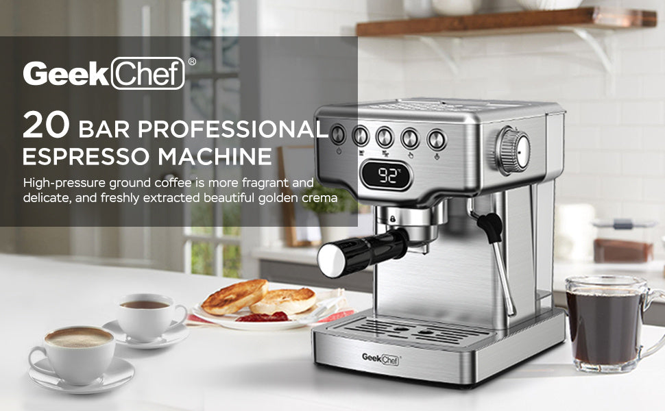 Geek Chef Espresso Machine 20 Bar With Milk Frother For Latte Cappuccino Macchiato Home Maker 1.8L Water Tank Stainless