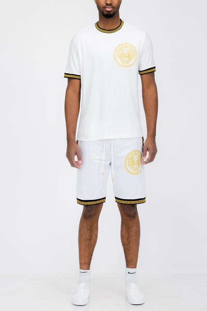 WEIV Men’s Full Size Lion Head Embroidery T shirt And Short Set Plus WHITE / S