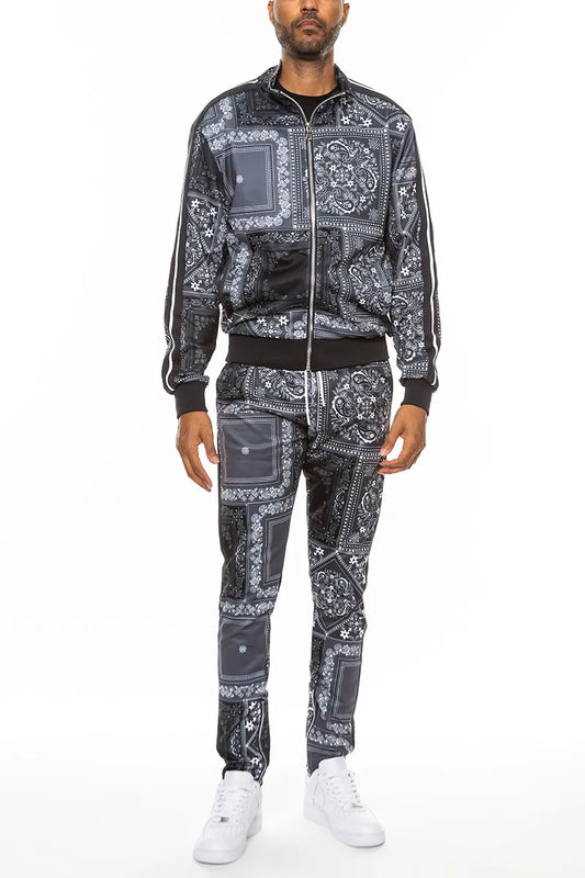 WEIV Men's Full Size Paisley Bandana Jacket and Pants Set Plus Size
