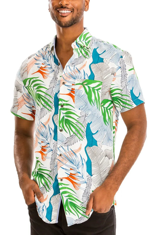WEIV Men's Full Size Hawaiian Print Button Down Shirt Plus Size