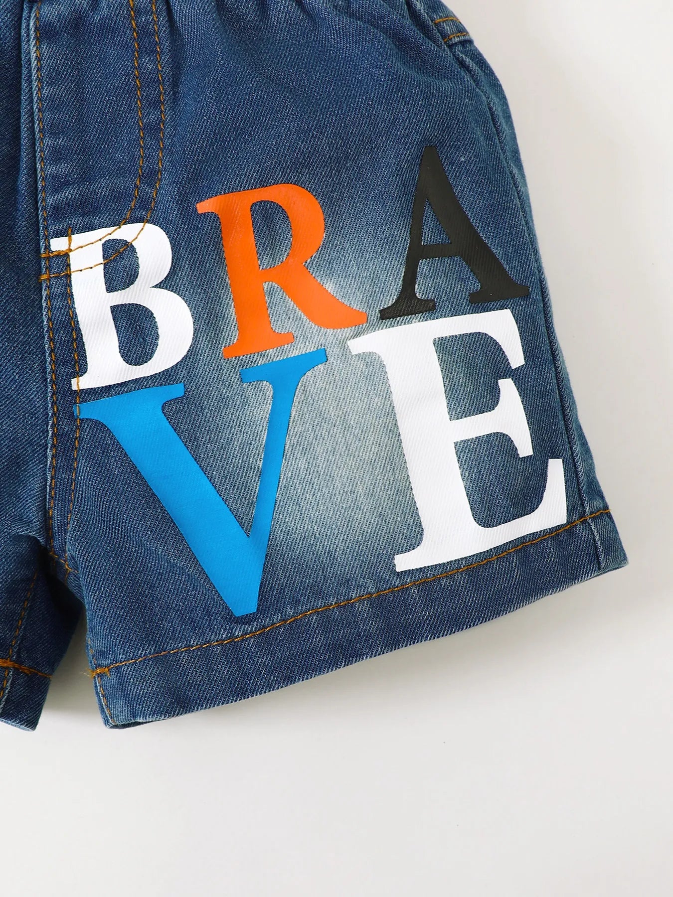 Children’s Letter Round Neck Top and Denim Shorts Set