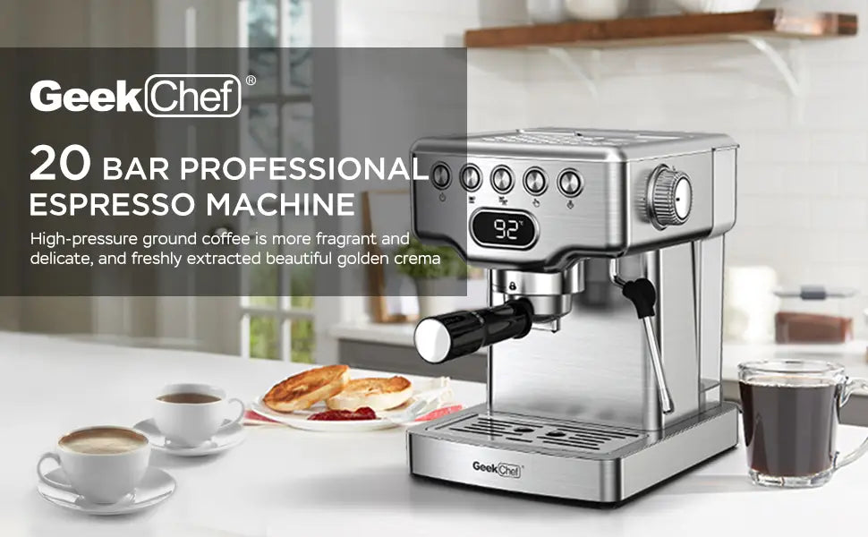 Geek Chef Espresso Machine 20 Bar With Milk Frother For Latte Cappuccino Macchiato Home Maker 1.8L Water Tank Stainless