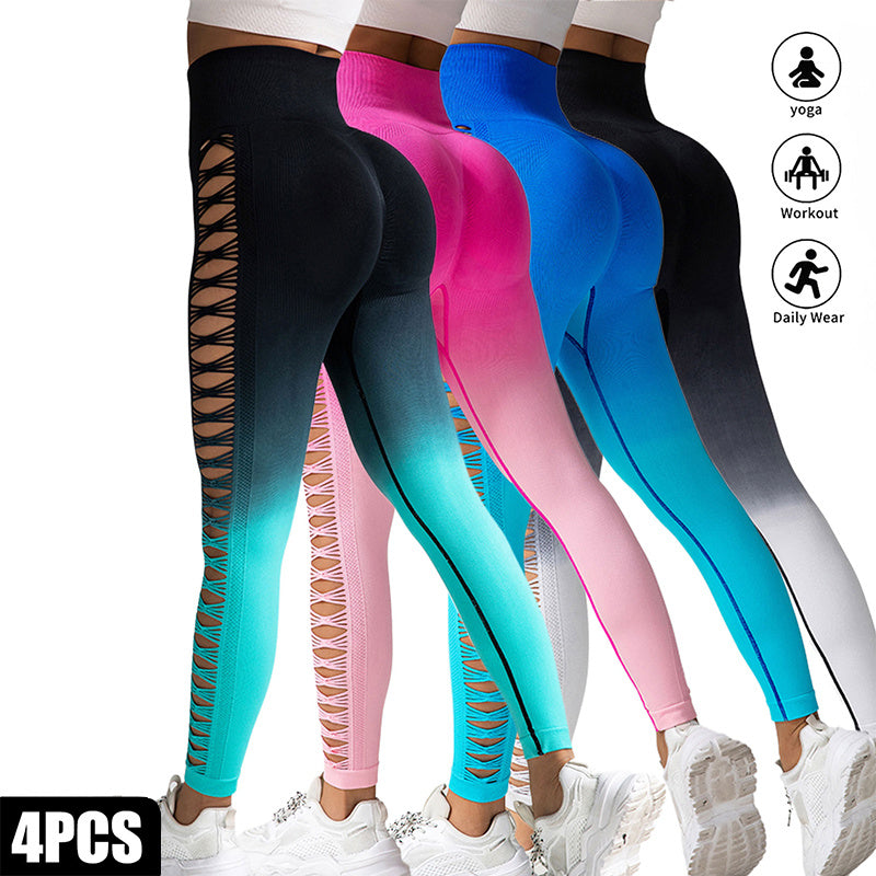 4 Pack Cut Out Ombre Gradient Color Hollow High waist Butt lifting Fitness Women’s Yoga Pants Waist Cutout Ripped Super