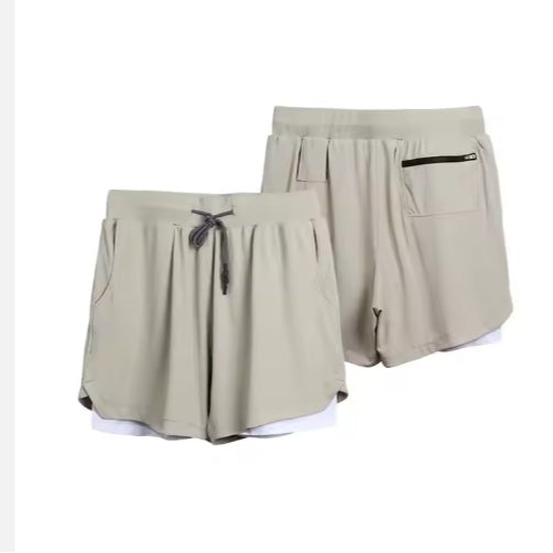 Gym Clothing Men Quick Dry 2 In 1 Shorts Polyester Spandex Breathable Liner Running Fitness Khaki / 2XL