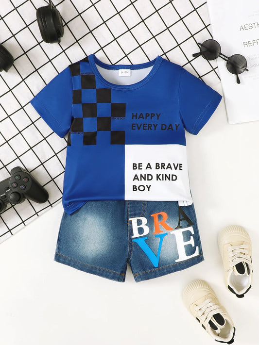 Children's Letter Round Neck Top and Denim Shorts Set