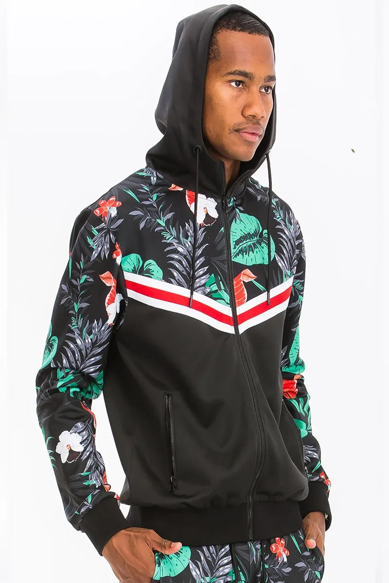 WEIV Men’s Tropical Printed Jacket and Drawstring Pants Set