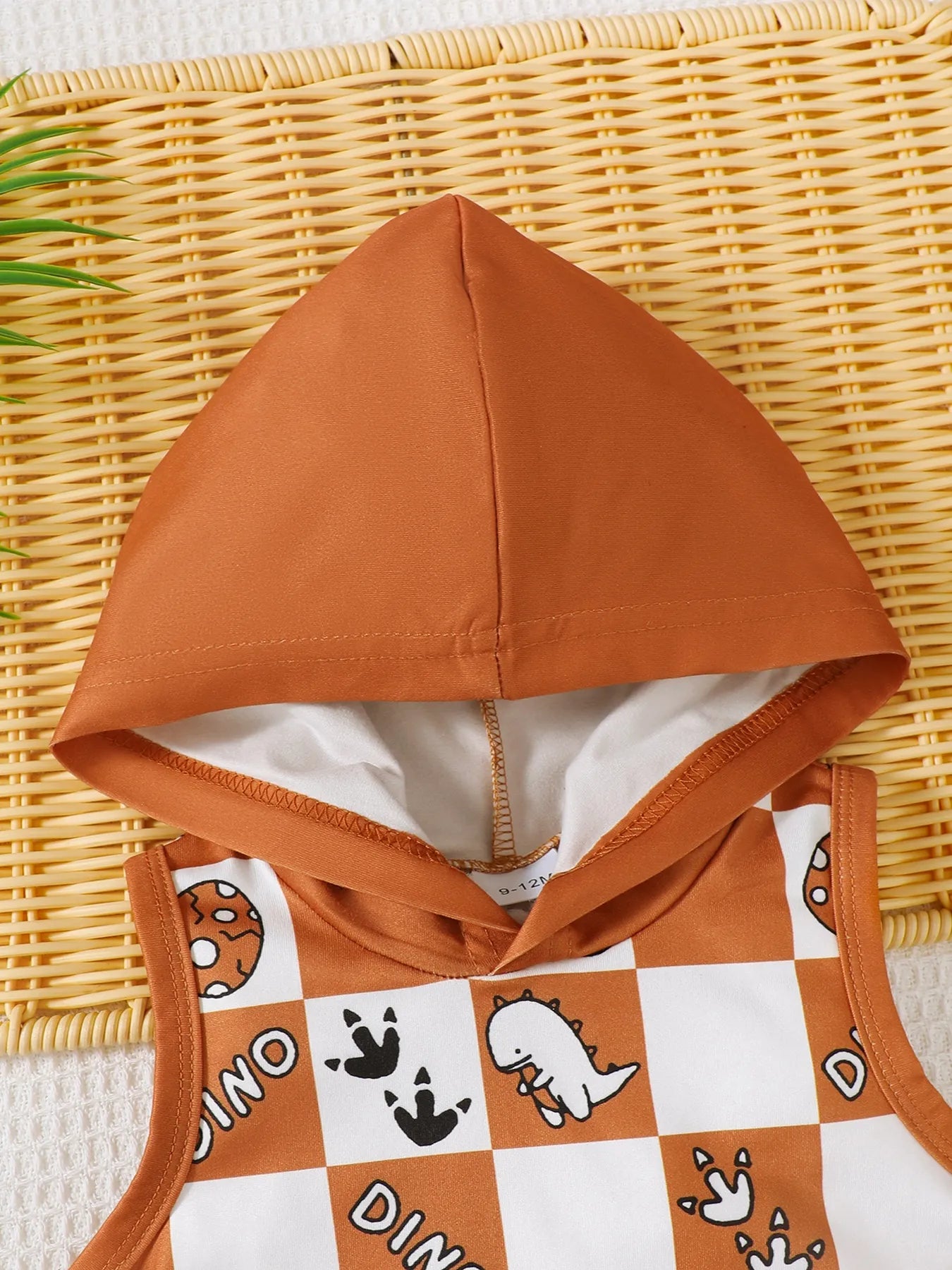 Children’s Dinosaur Checkered Sleeveless Hooded Top and Shorts Set