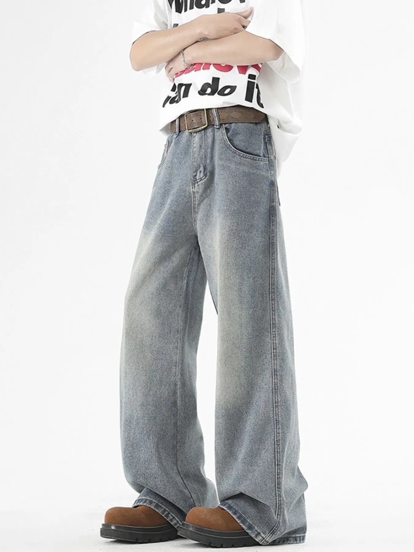 Men’s Plus Size Washed Wide Leg Jeans