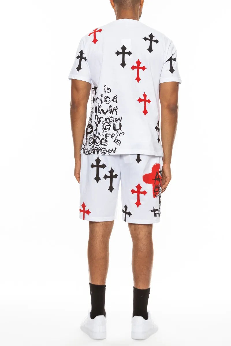 WEIV Men’s Full Size Cotton Print Chrome Cross Shirt and Short Set Plus