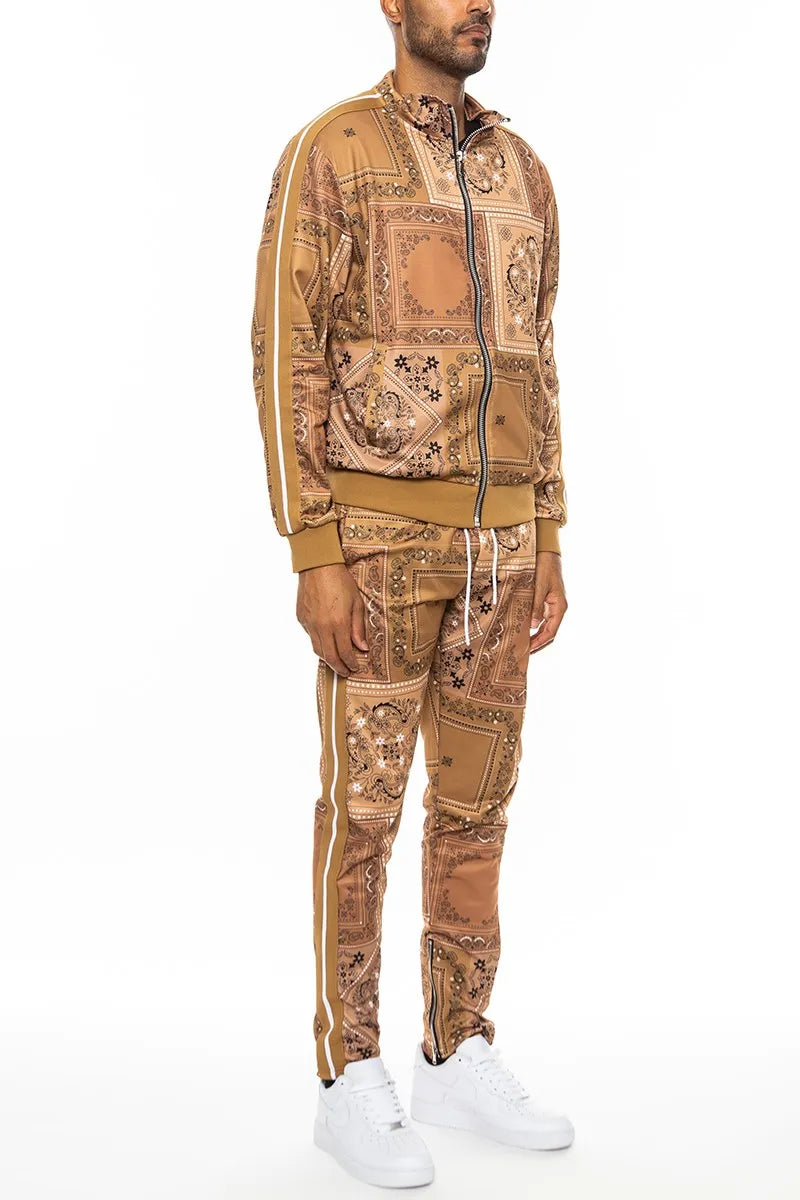 WEIV Men’s Full Size Paisley Bandana Jacket and Pants Set Plus KHAKI / S