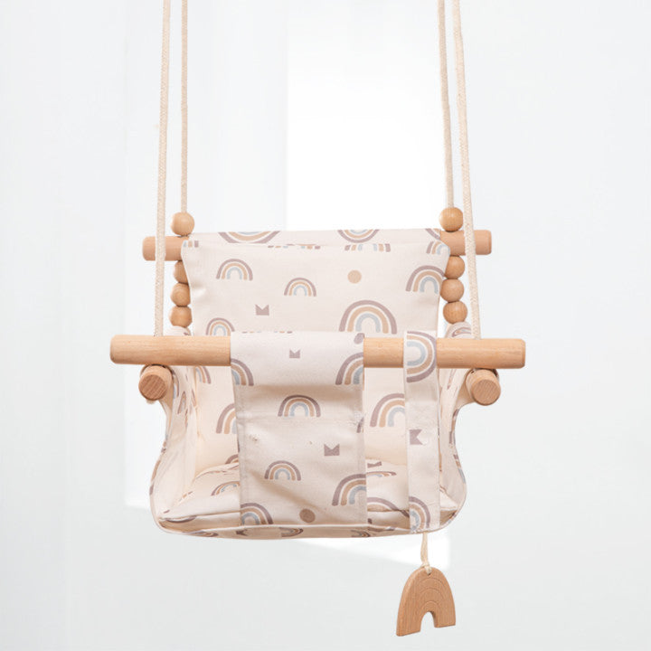 Cotton Canvas Baby Swing Chair Hanging Indoor Outdoor Safety Children’s Toy Wooden Seat With Cushion Room Decor Rainbow