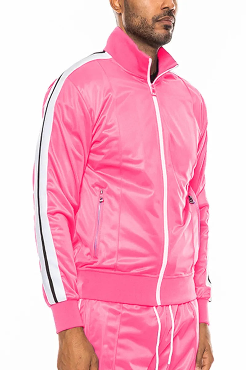 WEIV Men’s Full Size Single Stripe Tape Zip Up Jacket Plus PINK WHITE / S