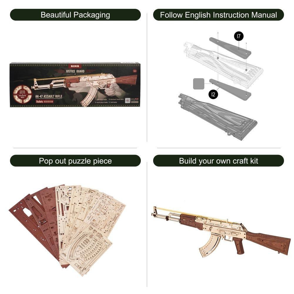 Rokr Automatic Rifle AK 47 Gift For Boys Wooden Puzzle Gun Double Firing Model LQ901