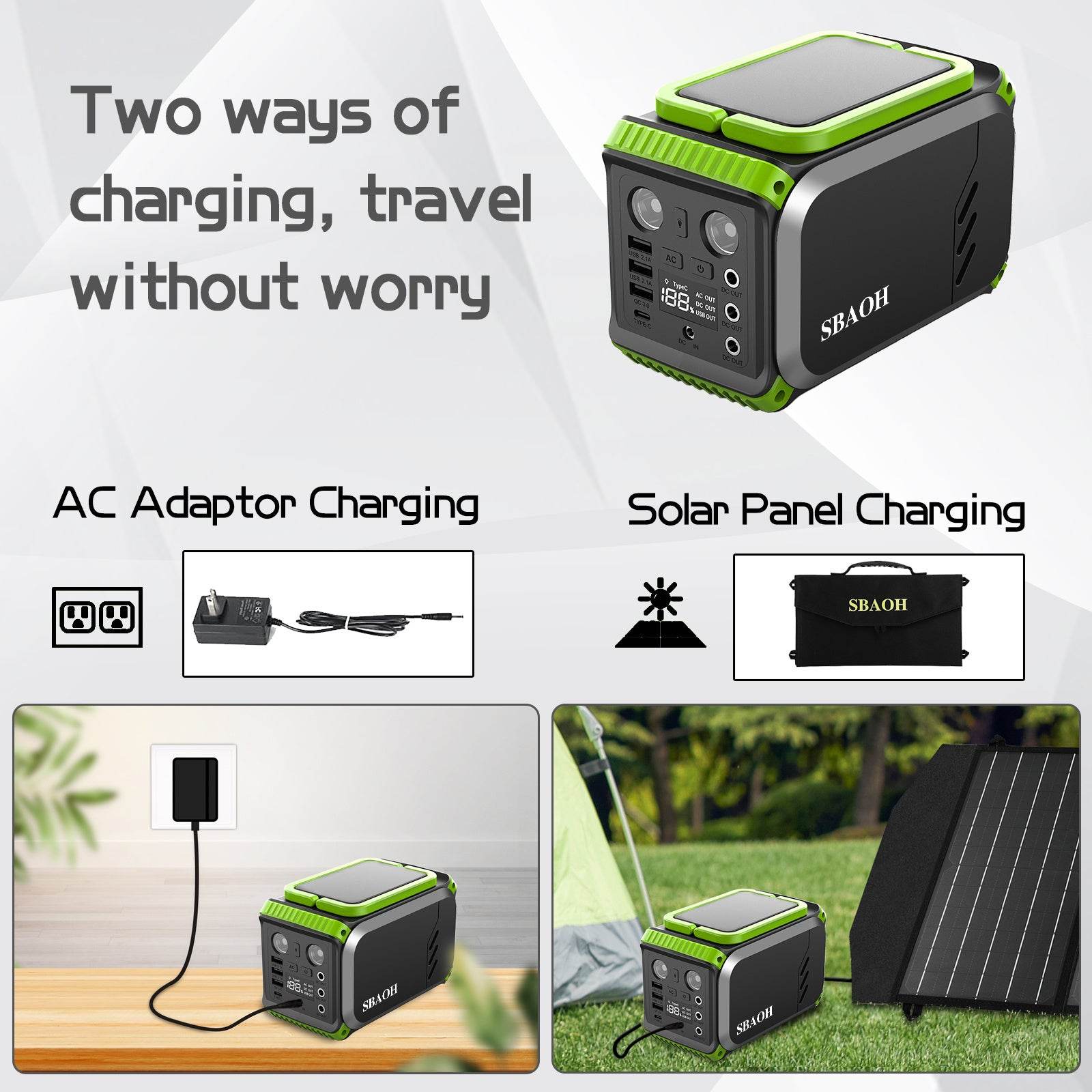 Portable Power Station with Solar Panel and Lithium ion Battery Green / 110V
