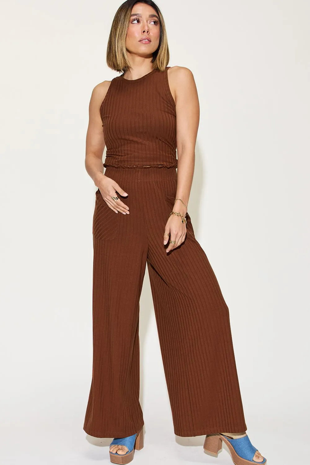 Basic Bae Full Size Ribbed Tank and Wide Leg Pants Set Dark Brown / S