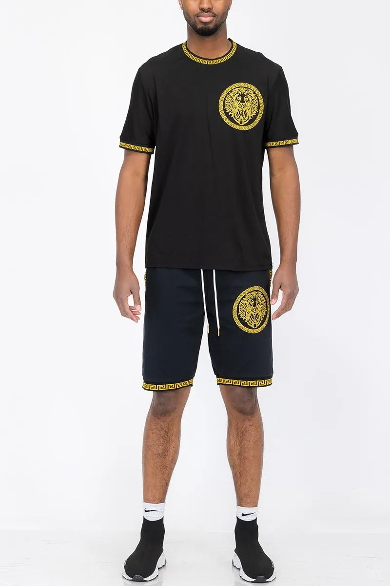 WEIV Men’s Full Size Lion Head Embroidery T shirt And Short Set Plus BLACK / S