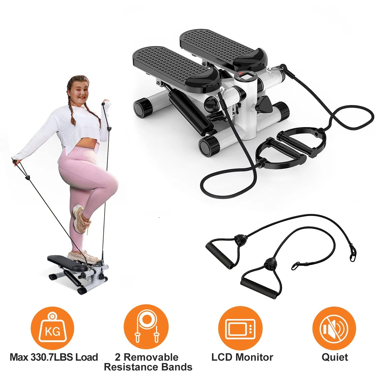 Exercise Stepper For Women Mini Fitness With 2 Resistance Bands LCD Monitor Max 330.7LBS Load Stair Quiet Grey