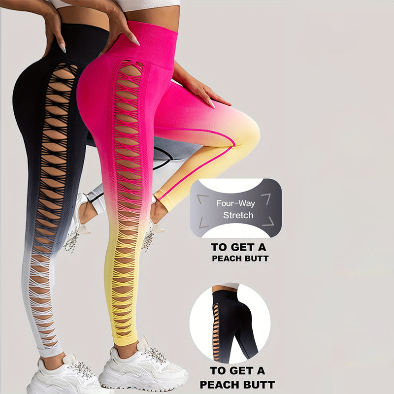 2 Pack Cut Out Ombre Gradient Color Hollow High waist Butt lifting Fitness Women’s Yoga Pants Waist Cutout Ripped Super