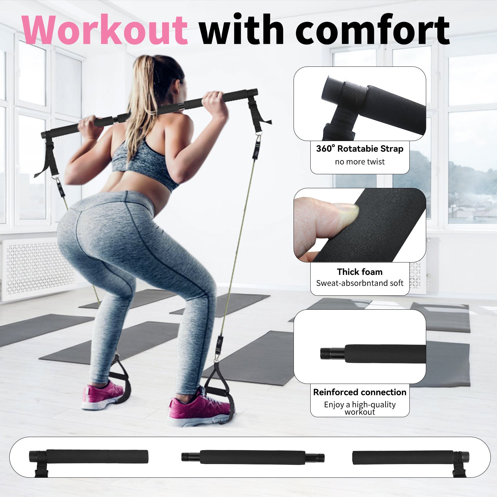 Professional Yoga & Pilates Bar Kit 18 Piece Full Body Workout Set With Adjustable 3 Section Ab Roller 6 Resistance