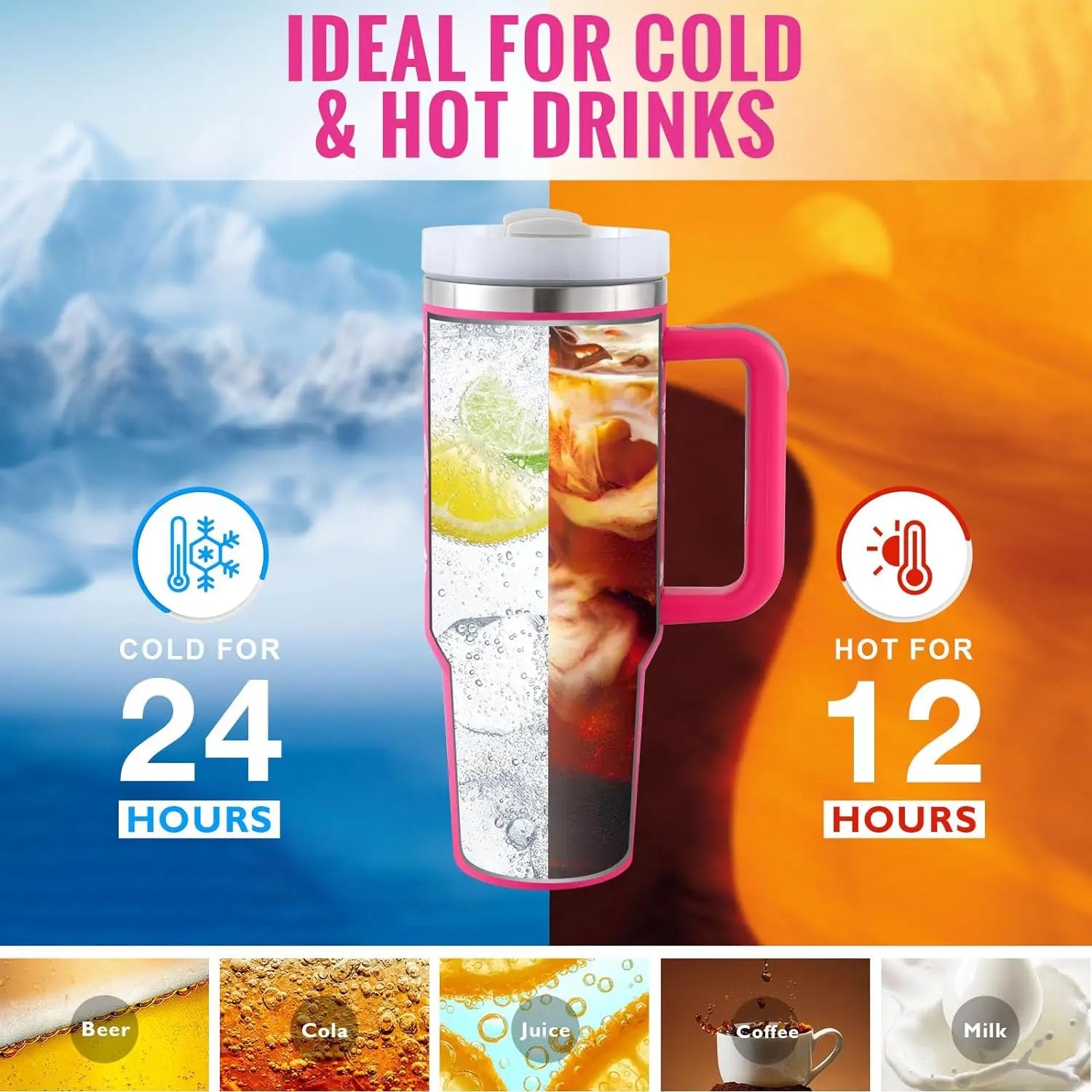 40 Oz Tumbler With Handle Straw Insulated Stainless Steel Spill Proof Vacuum Coffee Cup Lid Tapered Mug Gifts