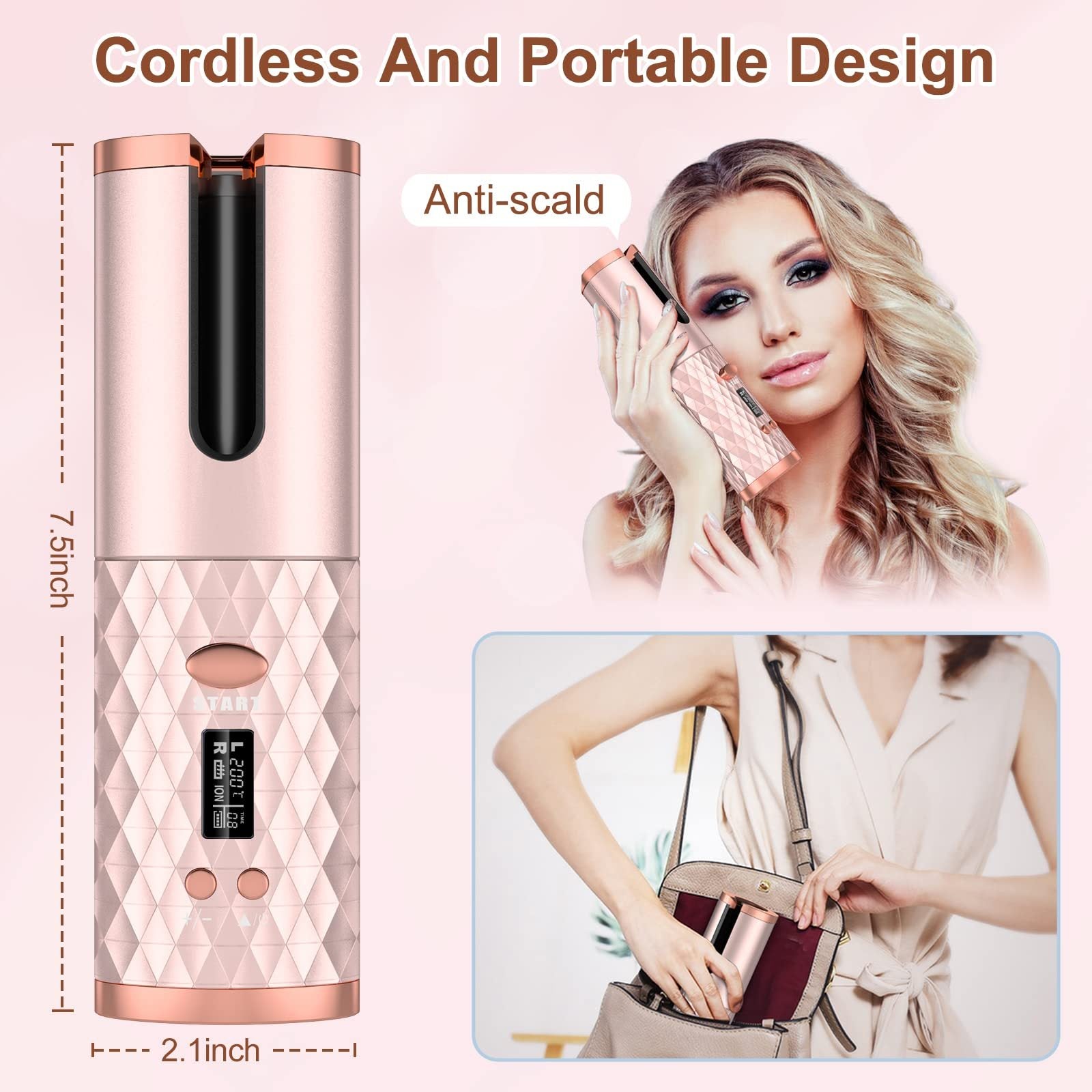 Portable Automatic Hair Curler Ceramic Rotating Wireless Auto Curling Iron Wand USB Rechargeable Spin For Styling Pink