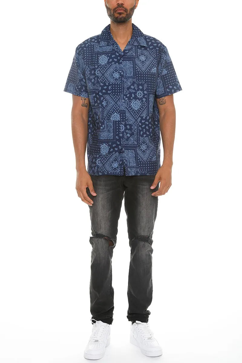 WEIV Men’s Full Size Collared Print Button Down Shirt Plus