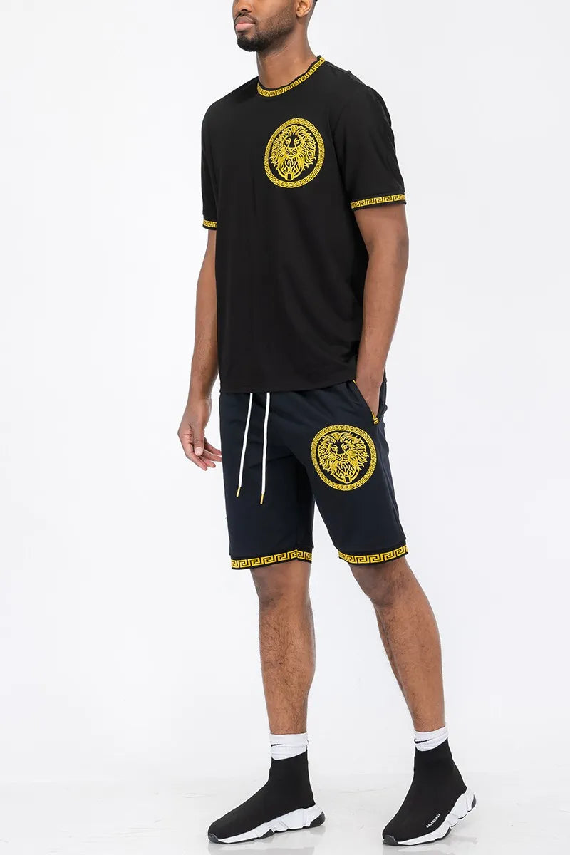 WEIV Men’s Full Size Lion Head Embroidery T shirt And Short Set Plus