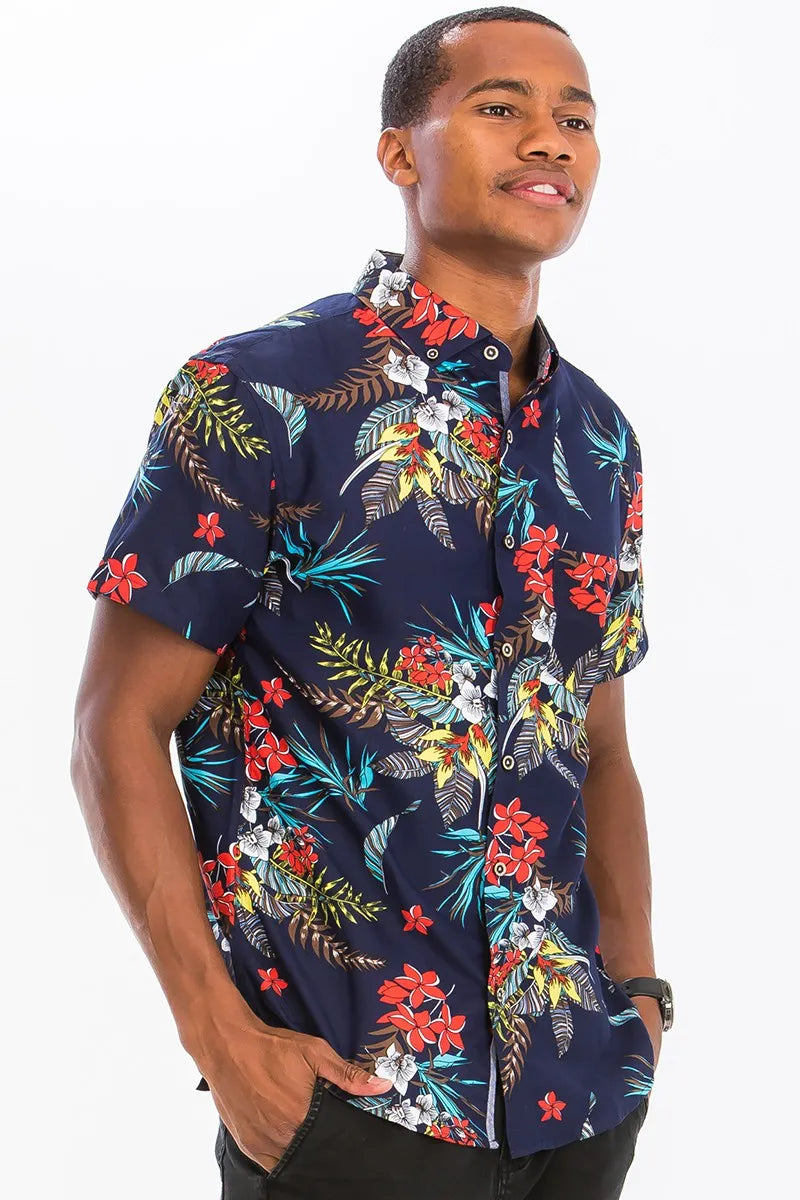 WEIV Men’s Full Size Hawaiian Print Button Down Shirt Plus