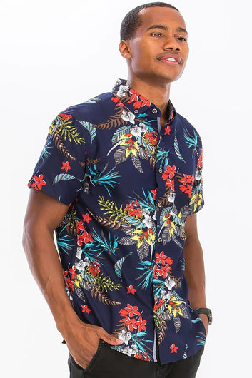 WEIV Men's Full Size Hawaiian Print Button Down Shirt Plus Size