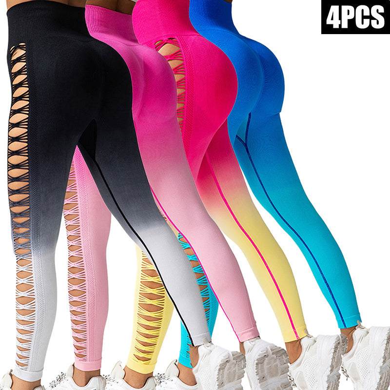 4 Pack Cut Out Ombre Gradient Color Hollow High waist Butt lifting Fitness Women’s Yoga Pants Waist Cutout Ripped Super