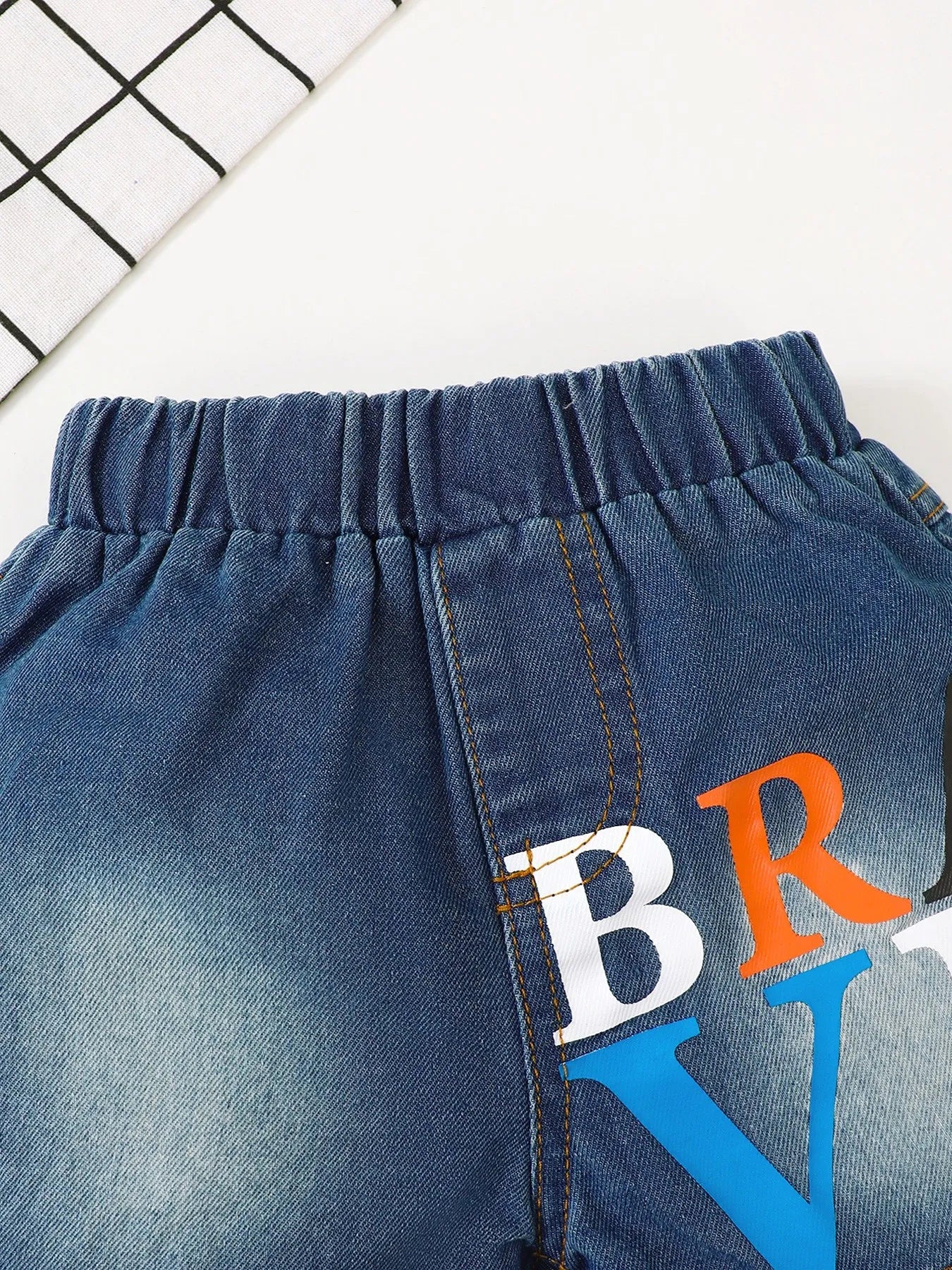Children’s Letter Round Neck Top and Denim Shorts Set