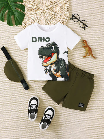Children’s Dinosaur Round Neck Top and Pants Set with Crossbody Bag White / 4Y