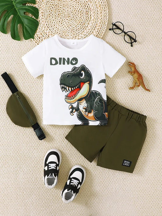 Children's Dinosaur Round Neck Top and Pants Set with Crossbody Bag