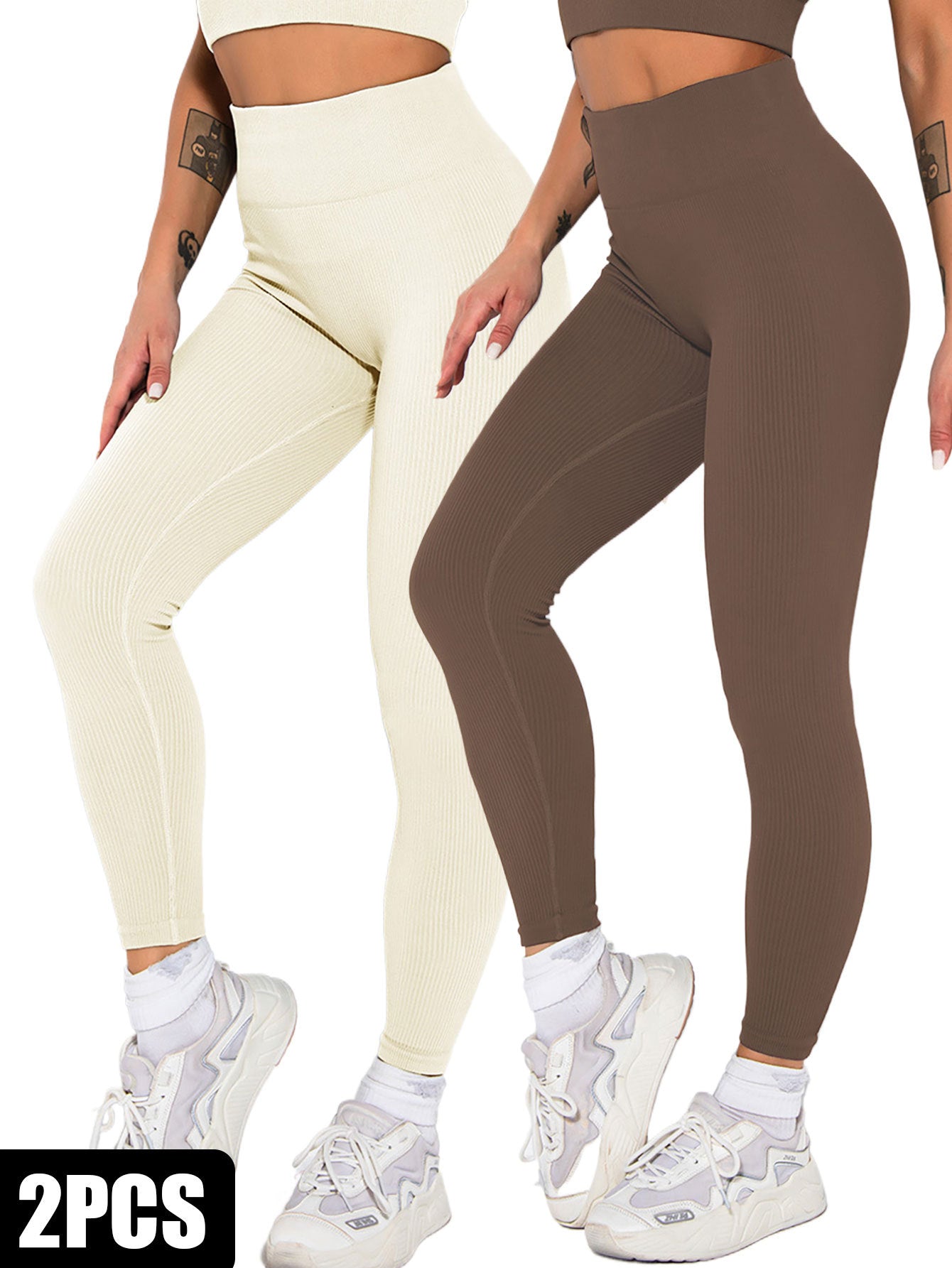 2 Pack Womens Seamless Ribbed Leggings Soft Slimming Yoga Pants High Waisted Gym Sport Women Fitness Female 2PACK2 / L