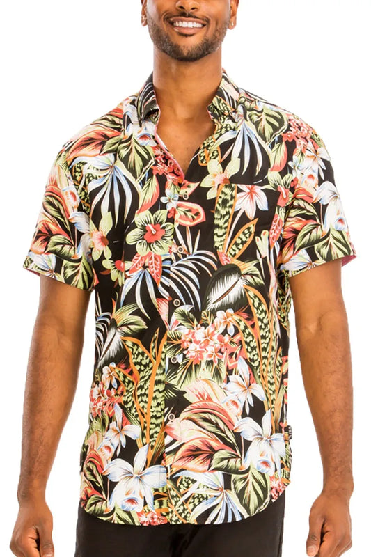WEIV Men's Full Size Hawaiian Print Button Down Shirt Plus Size
